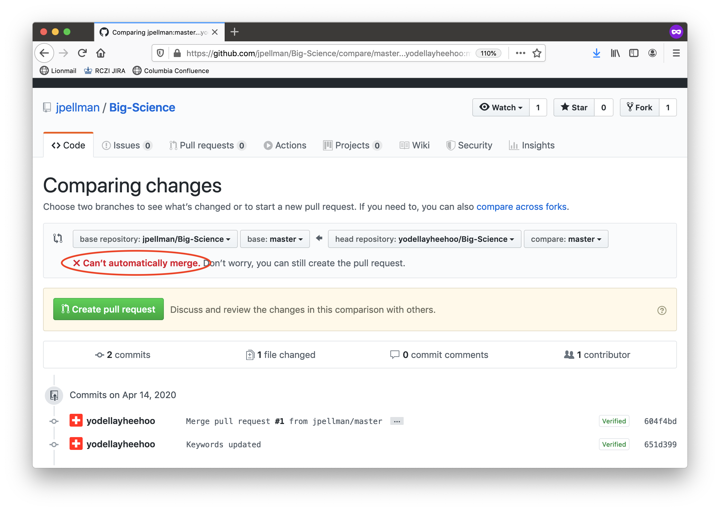 The Merge Conflict Appears in a GitHub Pull Request