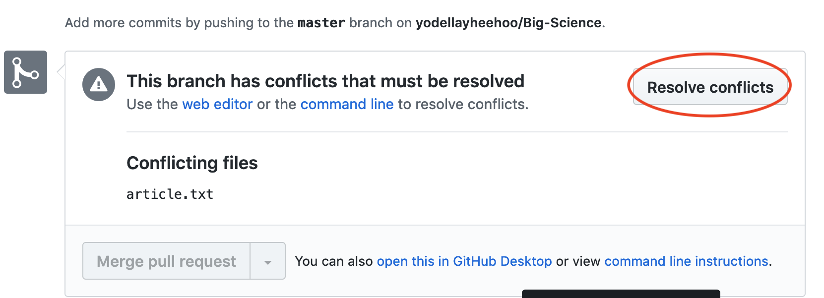 The Resolve Conflicts Button in GitHub