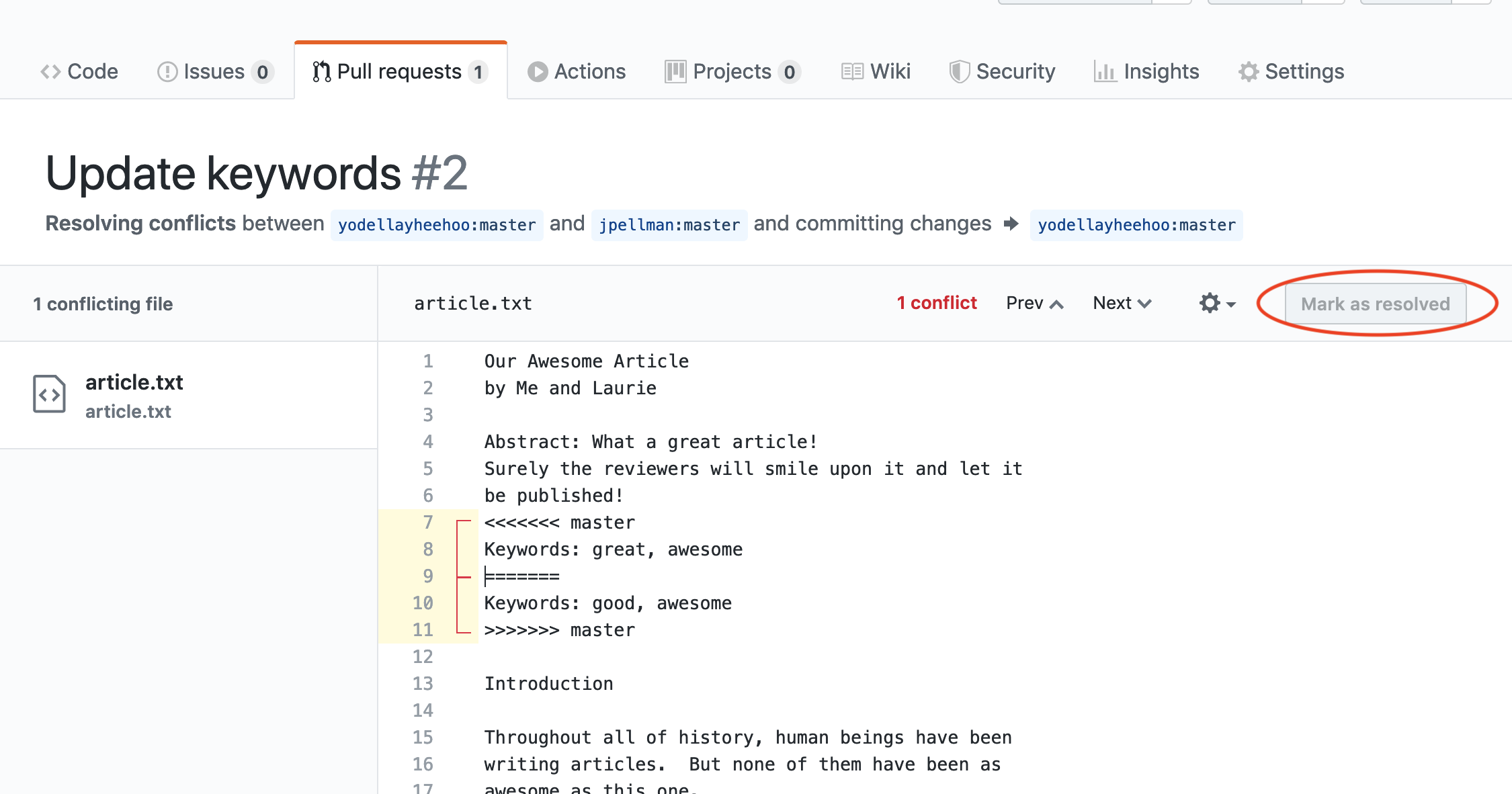 The Conflict Resolution Editor in GitHub