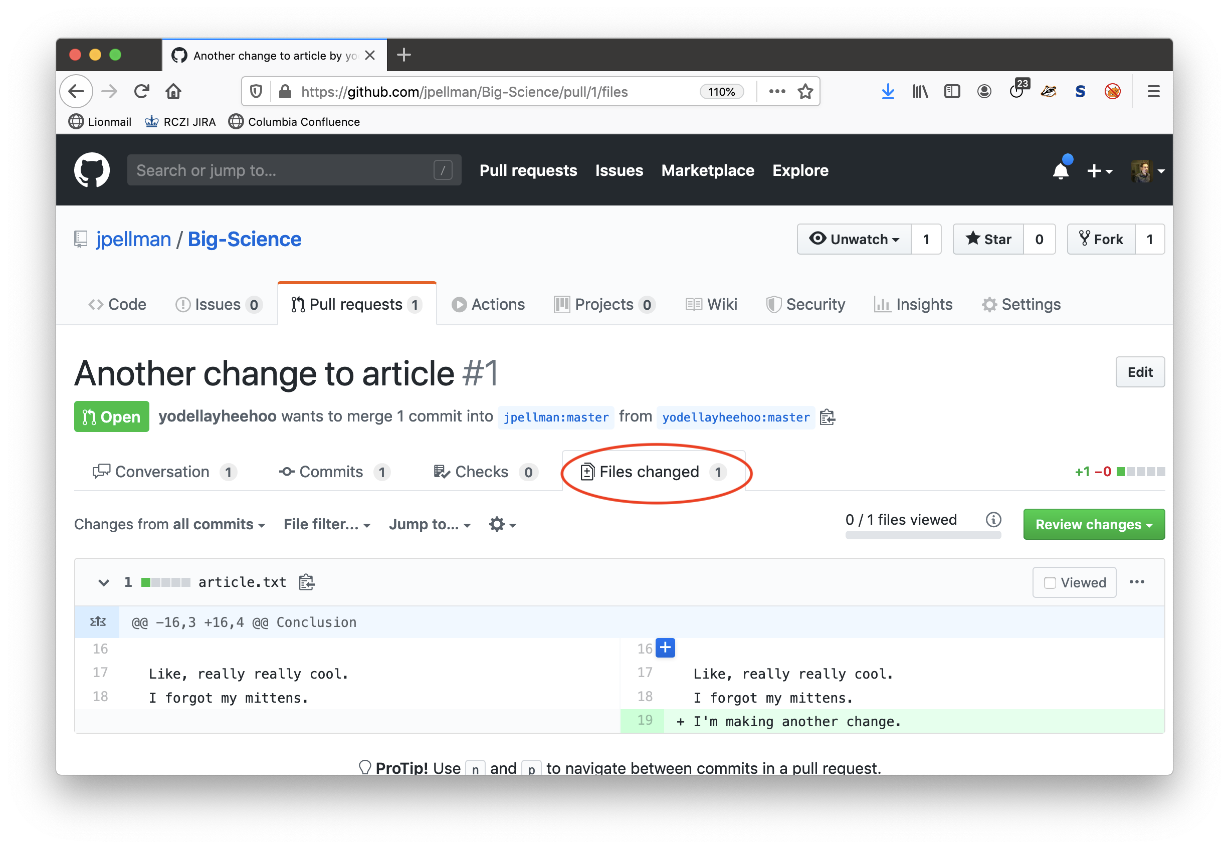 Viewing Changes in Laurie's Pull Request